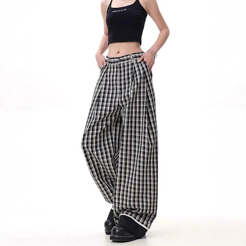 

Retro British Style Plaid Striped High-Waist Wide-Leg Trousers Large