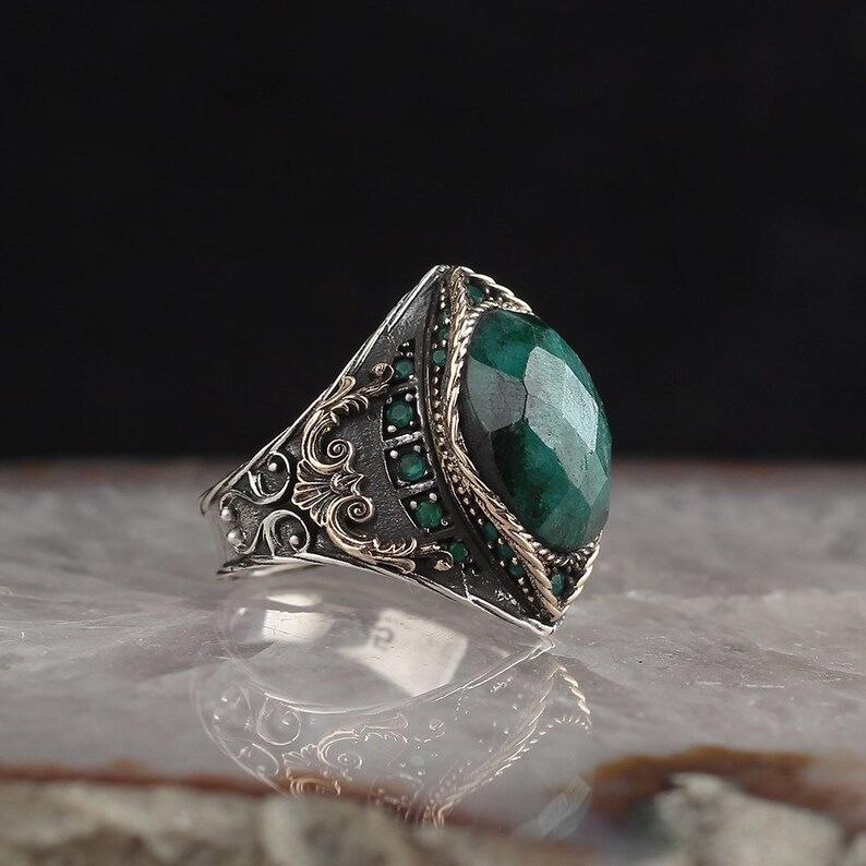 Viya Retro Two-Tone Men s Ring with Black Agate Adjustable Opening