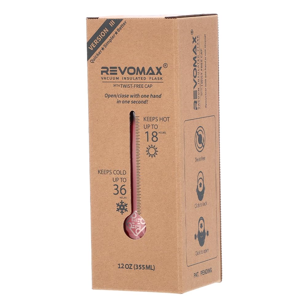 RevoMax V3 Vacuum Insulated Flask DWF-12427B, Fire Red, 355mL Slim, One-Touch Operation, Keeps Drinks Hot or Cold, Suitable for Carbonating.