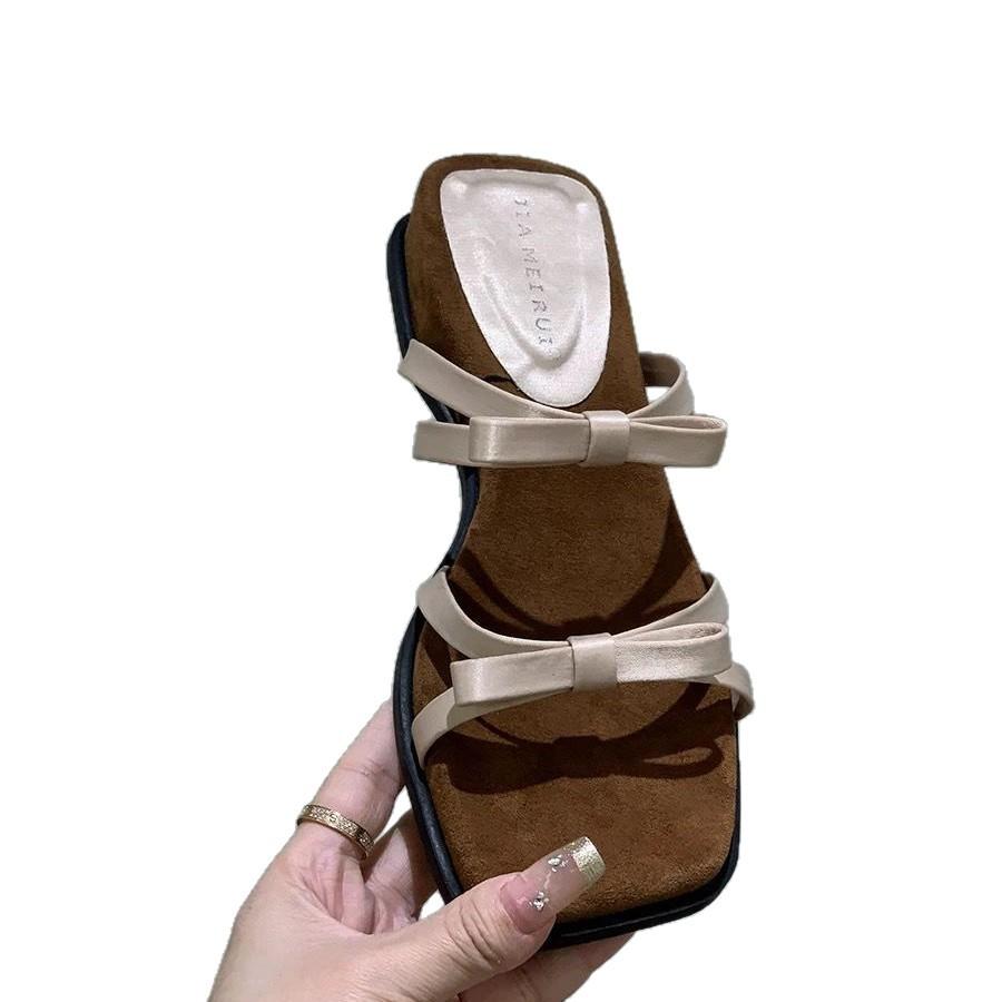 Purple temperament wedge heel French thin strap cool slippers fairy 2025 new summer bow Roman cool slippers