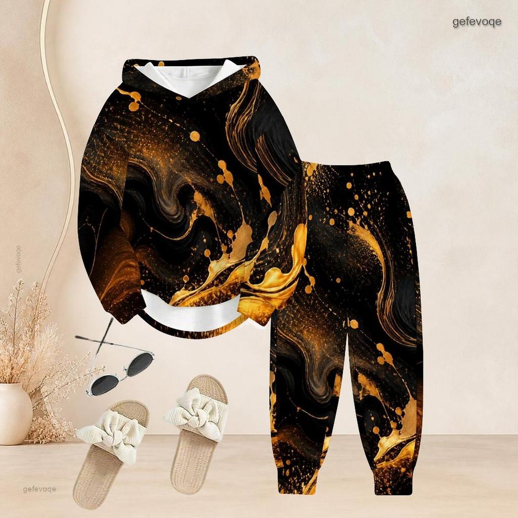 Women Plus Size Two Piece Set Hooded Long Sleeve Galaxy Printed Top Cuffed Pants