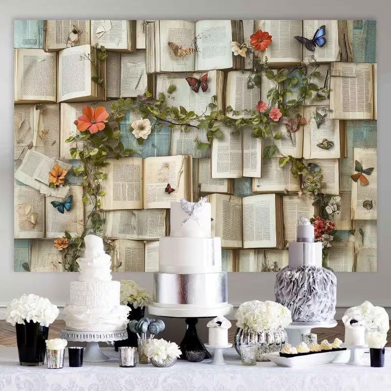 2D Printed Backdrop with Old Books, Vines, Flowers and Colorful Butterflies
