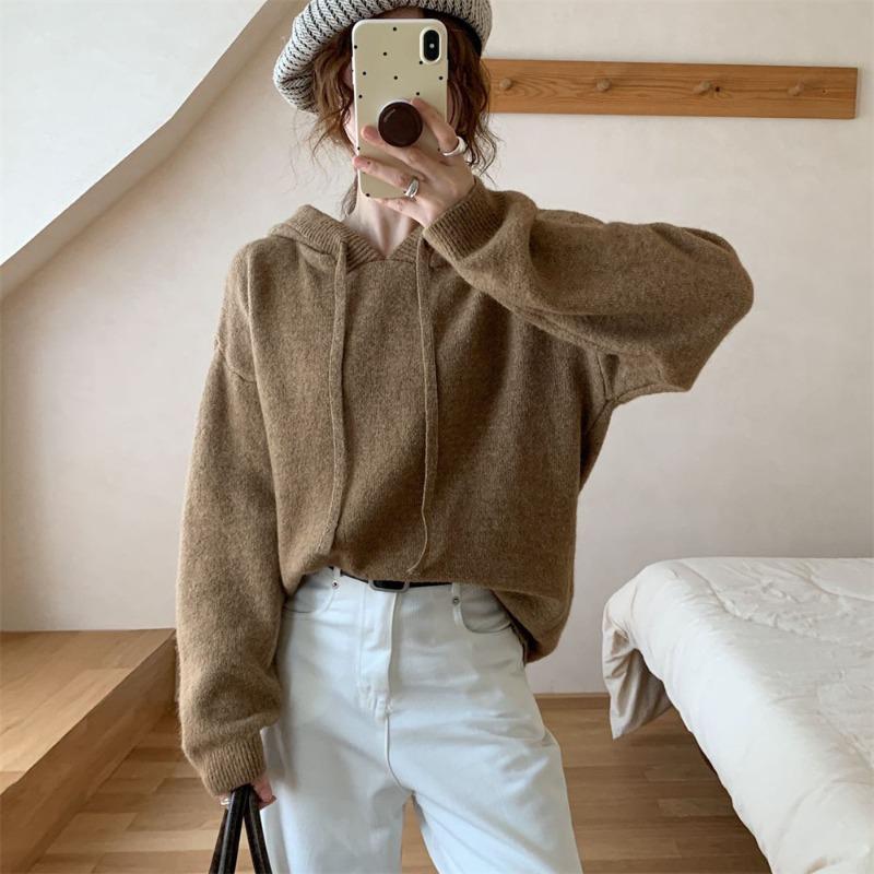 Casual hooded knitted sweater women's autumn and winter new loose lazy style outer wear retro pullover bottoming shirt