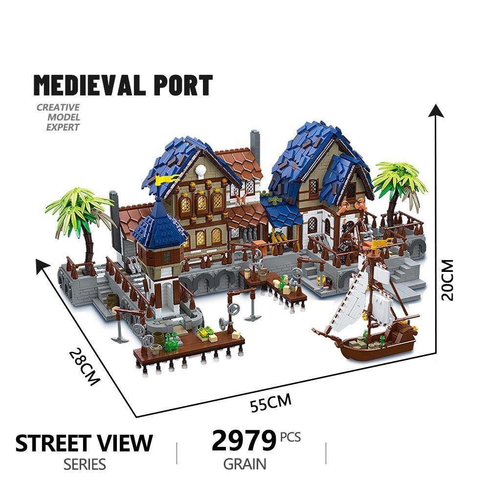 

2979pcs Street View Medieval Harbor Building Blocks Medieval Architecture House Assembly Model City Bricks Toys For Kid Gift NO.89152