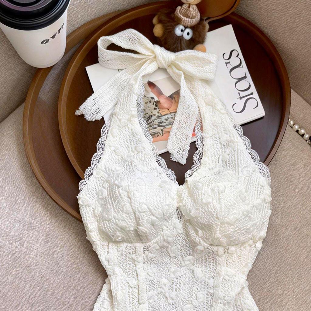 Women's High-End French Lace Floral Halter Crop Top