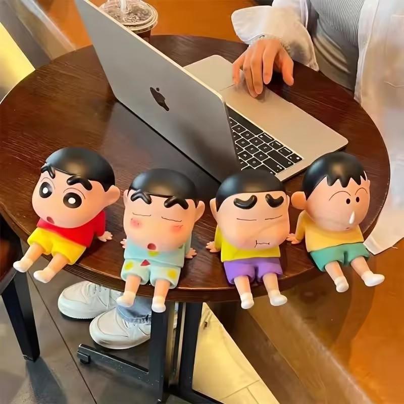 Crayon Shin-Chan Figures Phone Holder Kawaii Anime Desktop Ornaments Cartoon Watching Tv Phone Support Cute Doll Decorations