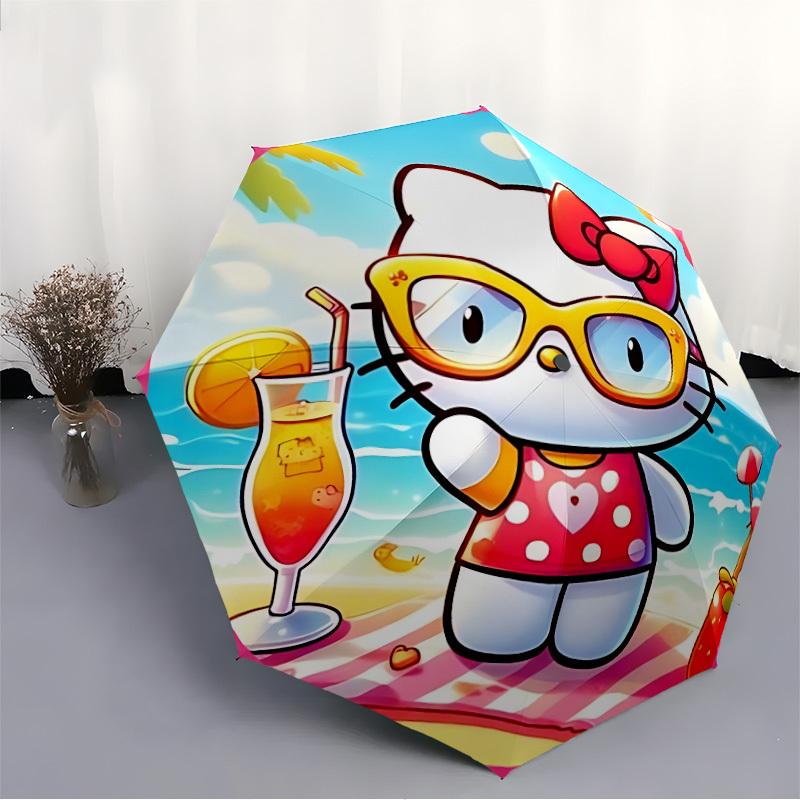1PC Hello Kitty Beach Vacation Automatic Open/Close Umbrella, 8-Rib Sturdy Frame, Lightweight Portable Umbrella, Commute, Business - Ideal Gift for Fr