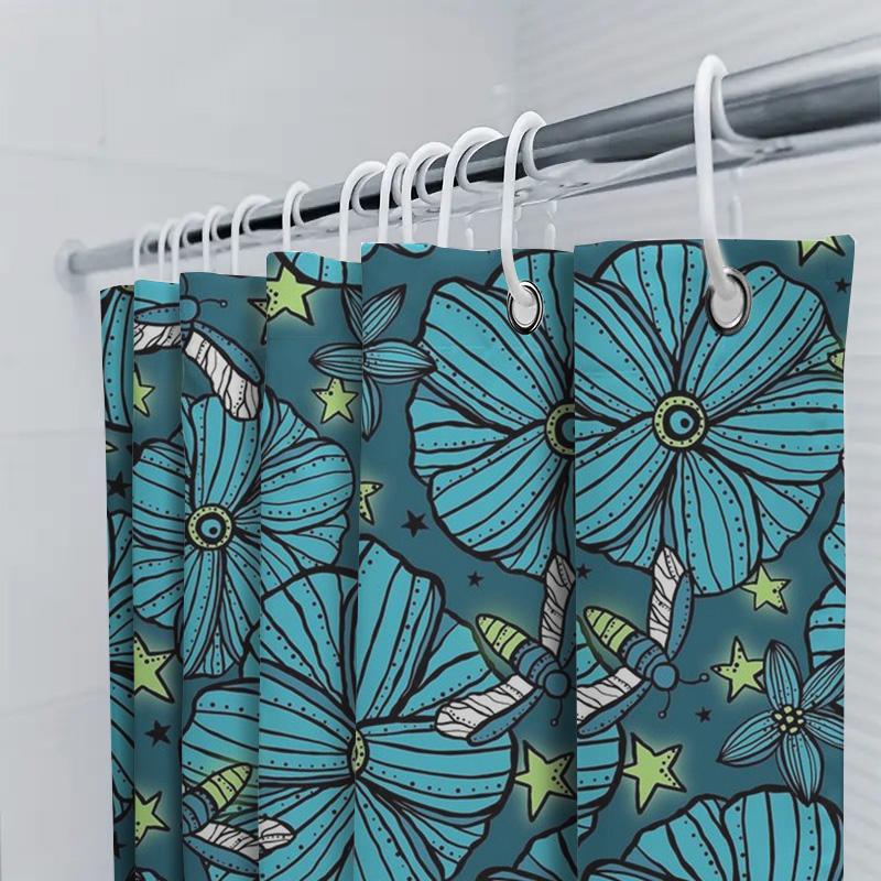 Vibrant Blue Floral Shower Curtain Modern Bathroom Decor Waterproof Fabric With Hook Rings For Bathtub Or Poolside Use.