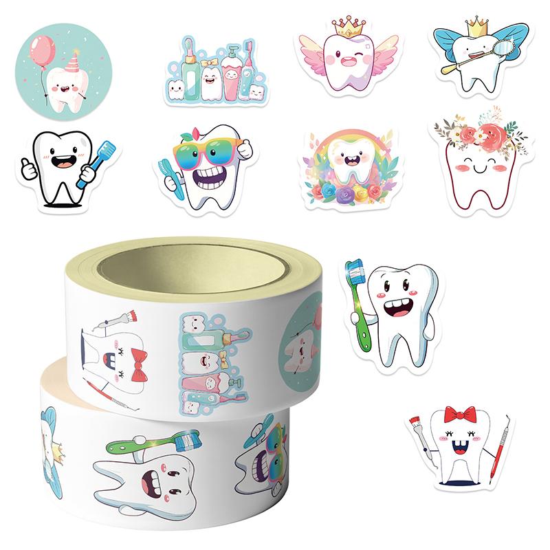 500pcs/Roll Dental Stickers Cartoon Decoration Tooth Shaped Sticker Label Sticker Dentistry Dental Clinic Decals Dental Supplies