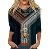 Módní vintage top s 3/4 rukávem pro ženy, dámská ležérní halenka s tříčtvrtečním rukávem a kulatým výstřihem s potiskem