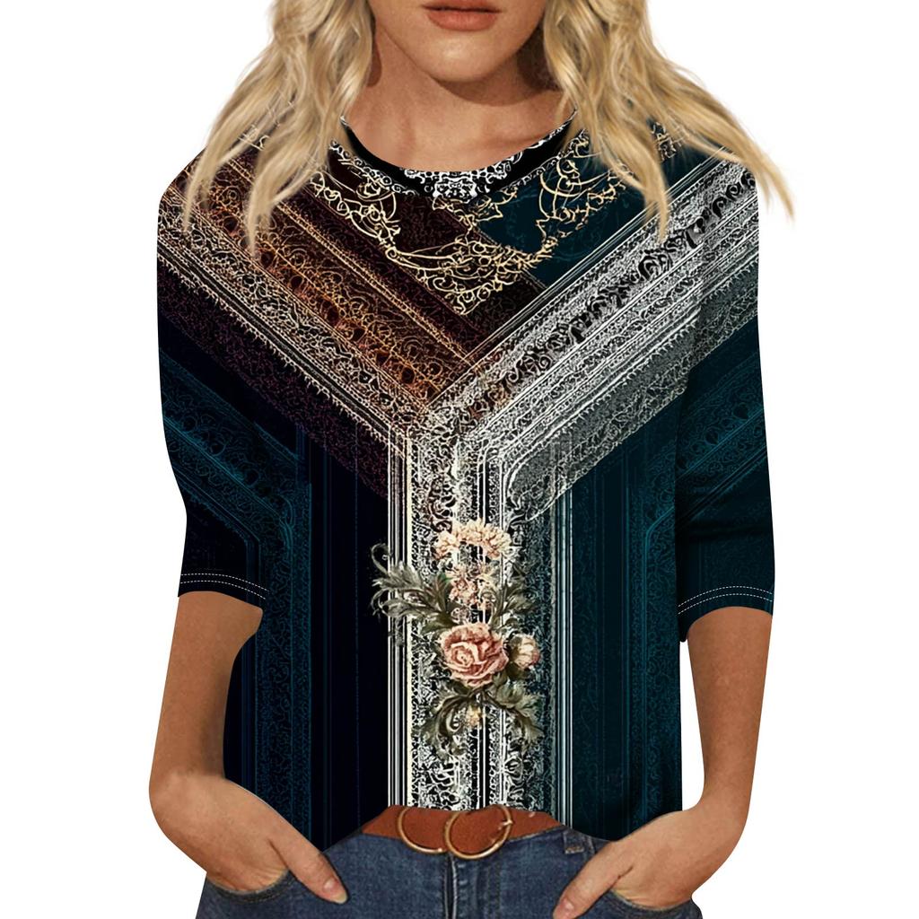 Módní vintage top s 3/4 rukávem pro ženy, dámská ležérní halenka s tříčtvrtečním rukávem a kulatým výstřihem s potiskem