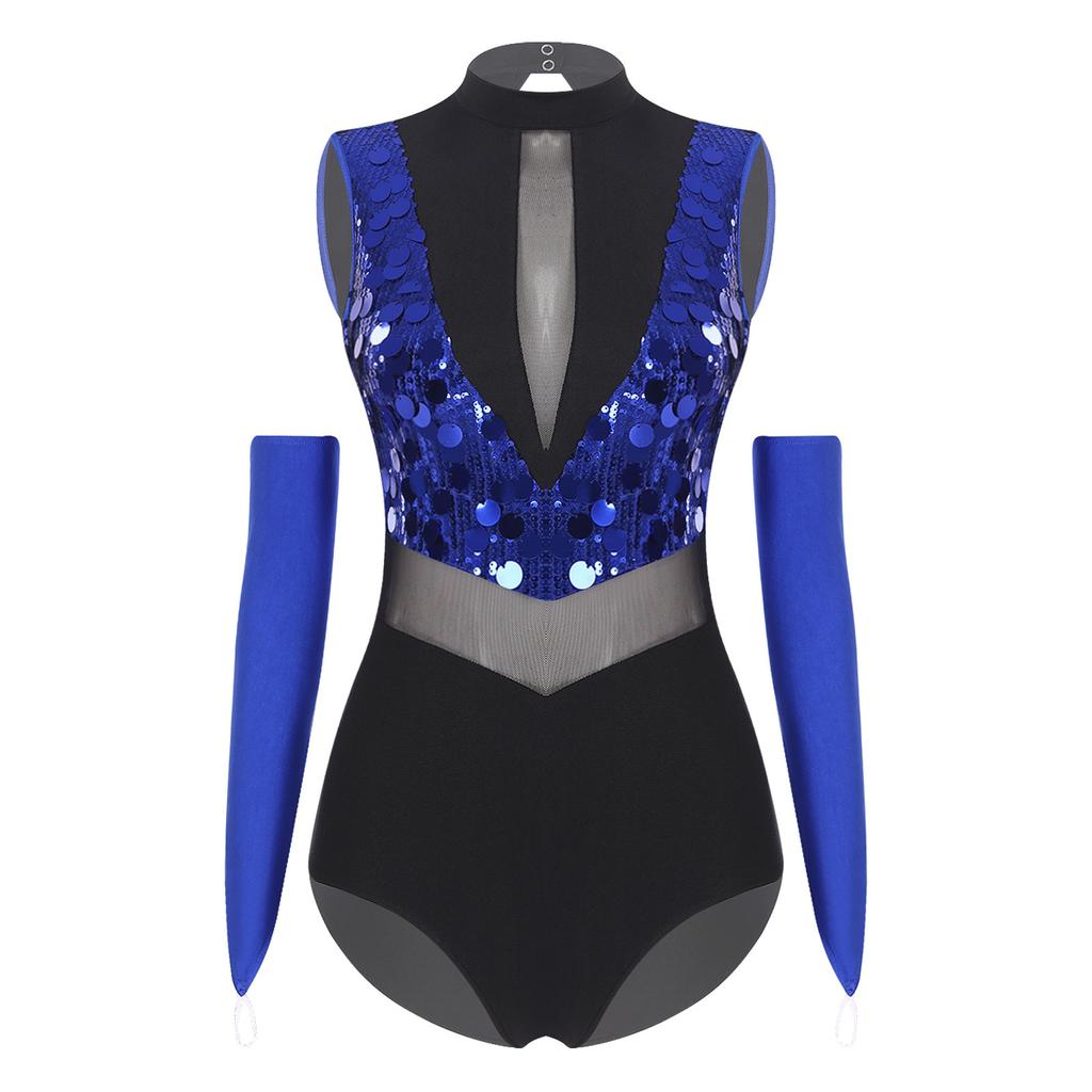 Women Shiny Sequin Leotard Gymnastics Dance Performance Outfit Mock Neck Sleeveless Sheer Mesh Waist Cutout Back Bodysuit
