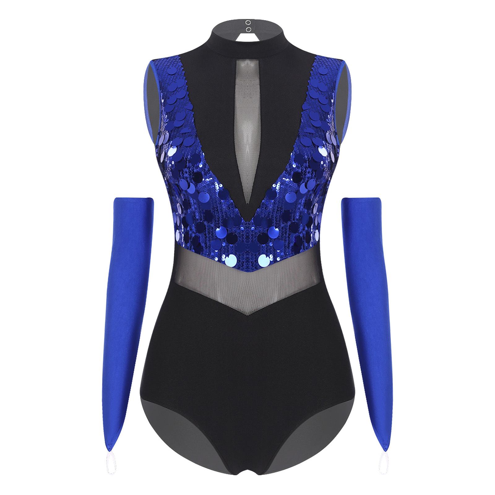 

Womens Mock Neck Sleeveless Leotard Shiny Sequins Color Block Sheer Mesh Waist Cutout Back Performance Bodysuit M королівський синій колір