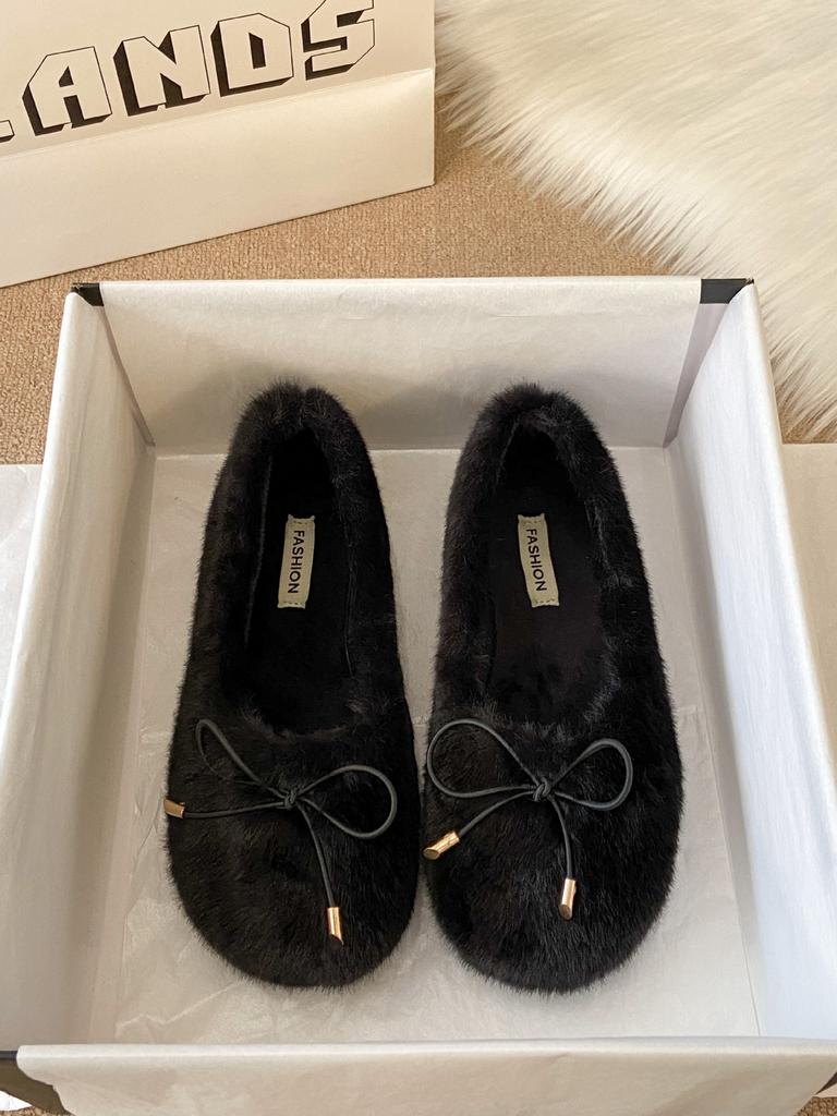 Gentle Fairy Wind Fluffy Shoes Female Outer Wear 2025 Autumn and Winter New Korean Version Cotton Shoes Flat-bottomed Velvet Doudou Shoes