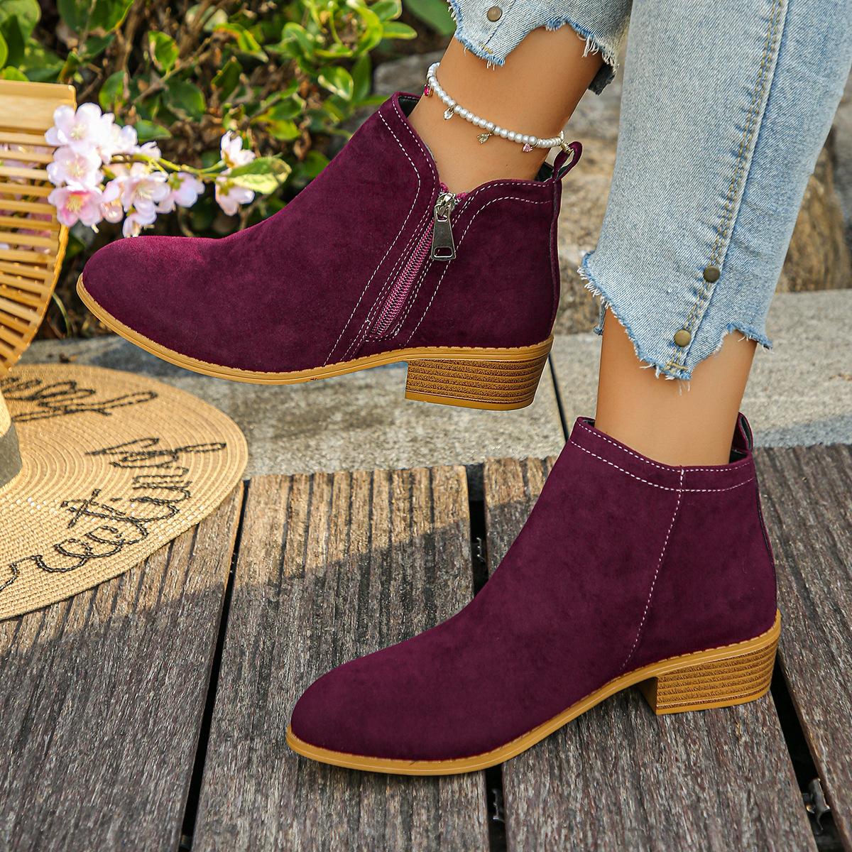 

Зима 2025 Новые ботильоны с острым носком в британском стиле женские больших размеров винтажные винтажные челси на боковой молнии 43 бордовый