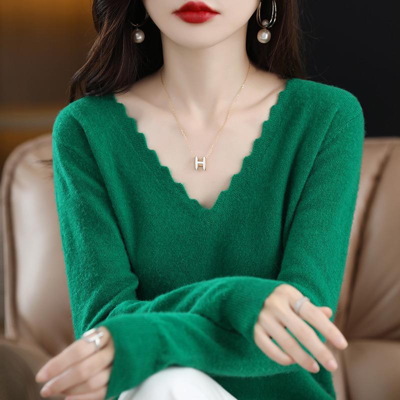 

YYFS женские модные повседневные однотонные принты осень-зима с длинным рукавом с v-образным вырезом сексуальные свободные свитера XXL зелёный