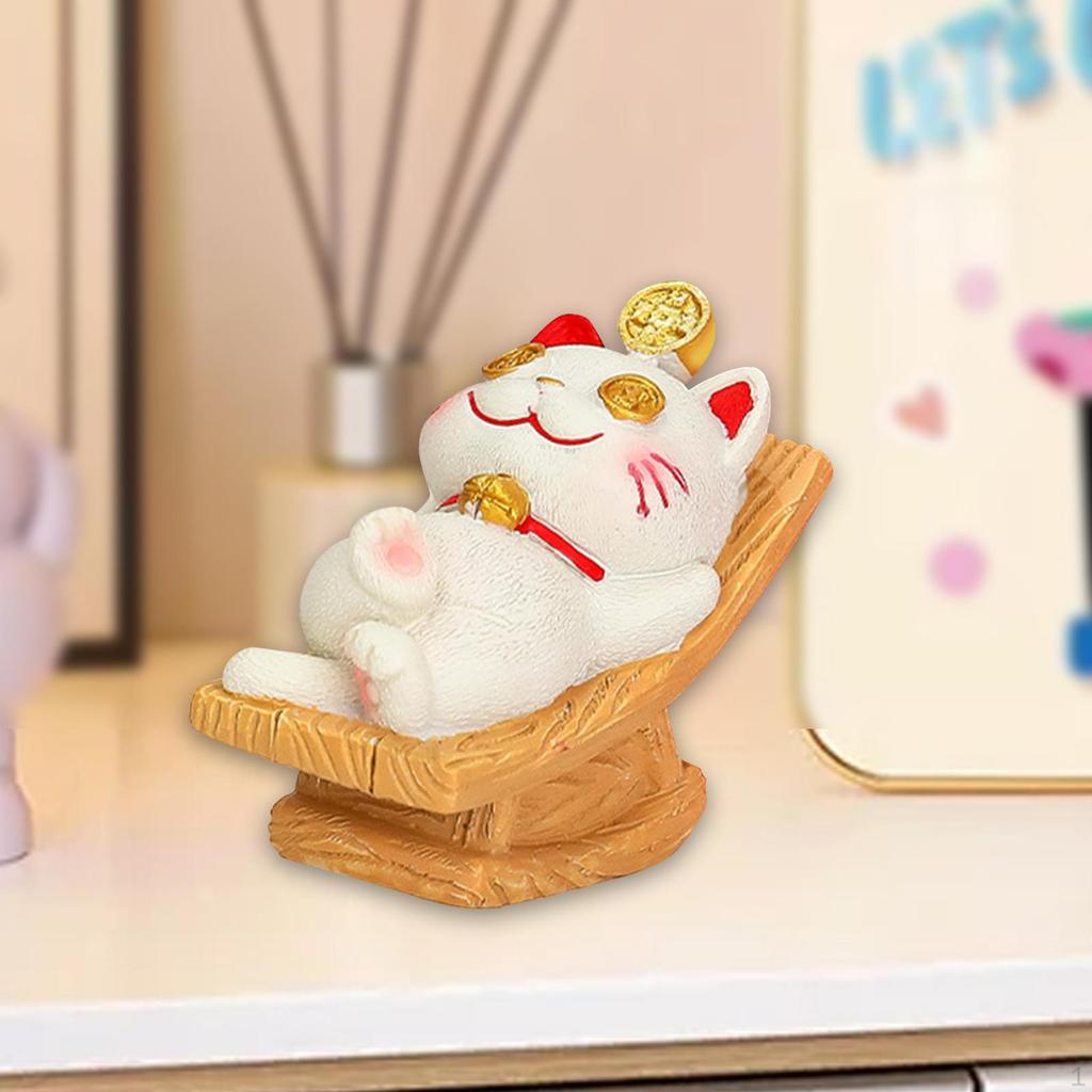 Lucky Cat Statue Animal Sculpture Cartoon Resin Kitten Figurine Desktop Ornament for Table Bedroom
