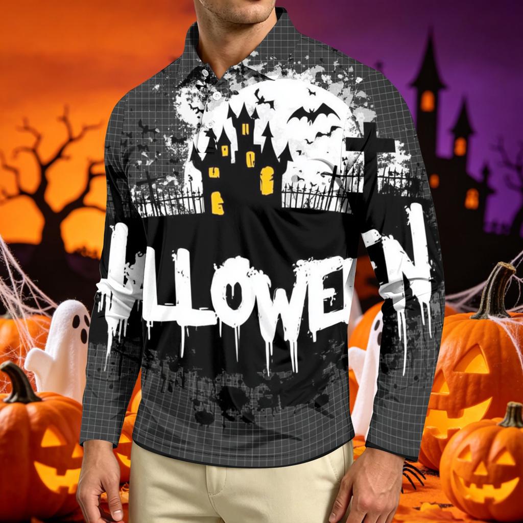 Men's Long Sleeve Casual T Shirt Crew Neck Printed Halloween Pumpkin Stars Moon Pattern Comfortable Fit Lightweight Top