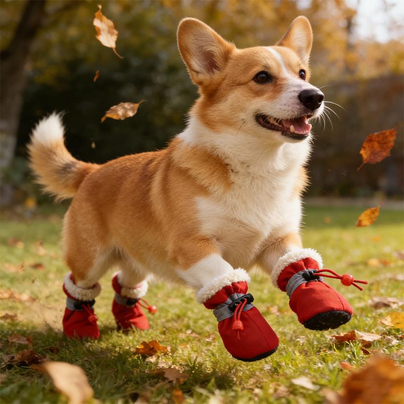 4PCS/Set Fleece Lining Puppy Waterproof Breathable Drawstring Design Cute Pet Shoes Winter Outings Multiple Colors