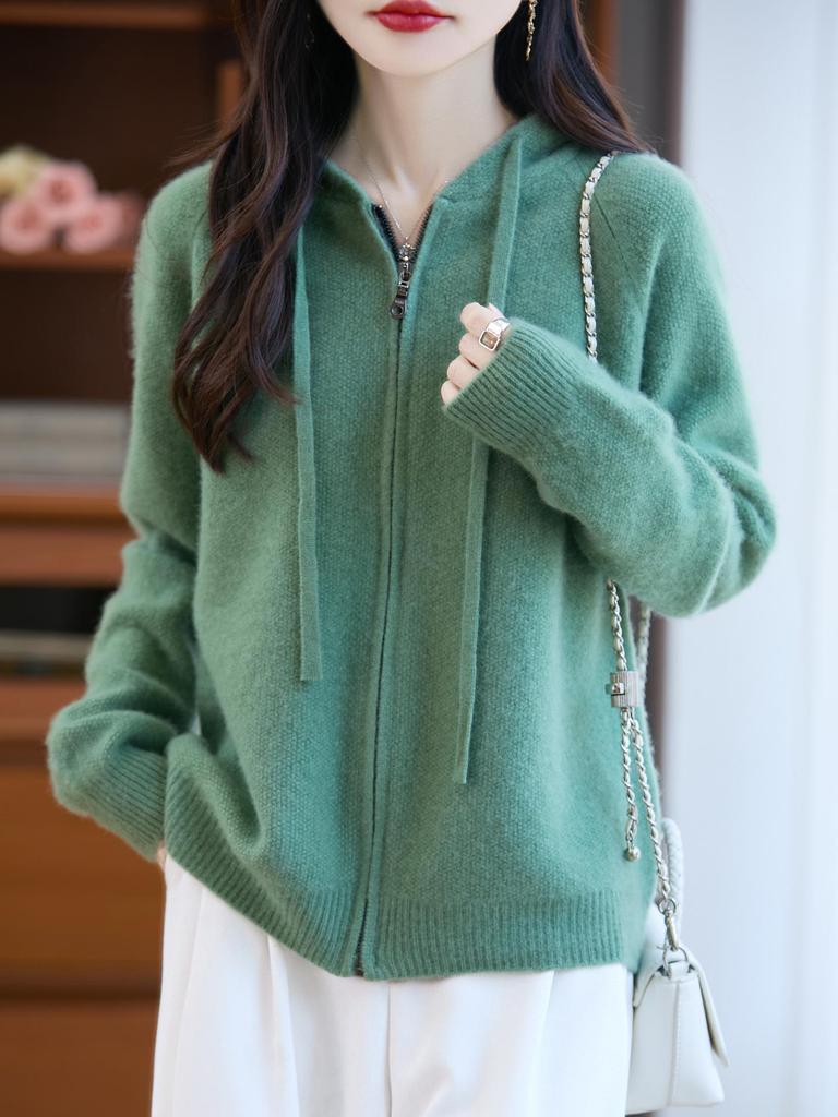 Women's Thick Wool Zipper Hooded Cardigan: Autumn/Winter Fashion, Loose Knit, Long Sleeve Sweater Coat.