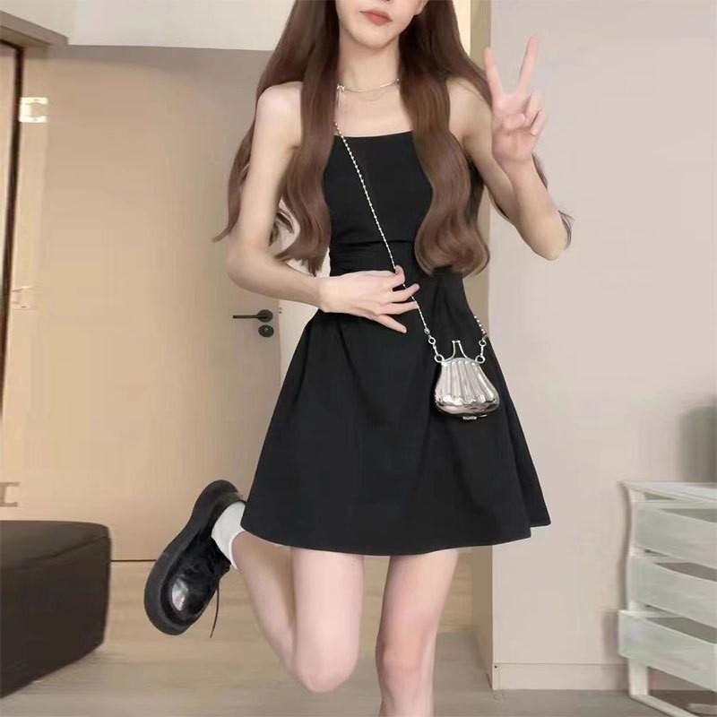 Coffee Break French Black Suspender Dress Women s Summer Hepburn Style Small Black Dress Small Skinny Temperament Short Skirt S