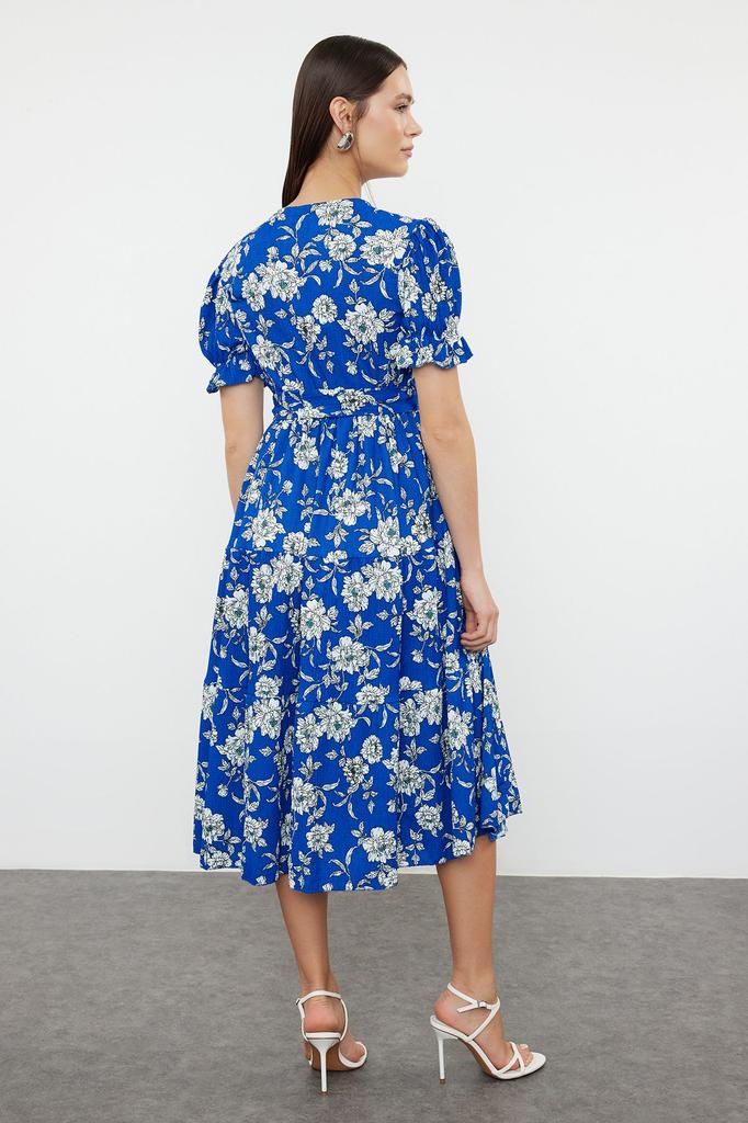 Women's Style Dress Oil Green Printed Belted Double Breasted Skirt Ruffle Knitted Dress