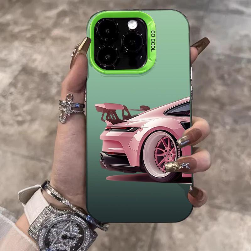 Pink Supercar Print Electroplate Silver IMD Phone Case For iPhone 17 16 15 14 13 12 11 Pro Max X XS XR 7 8 Plus 17 Air 16E Cover