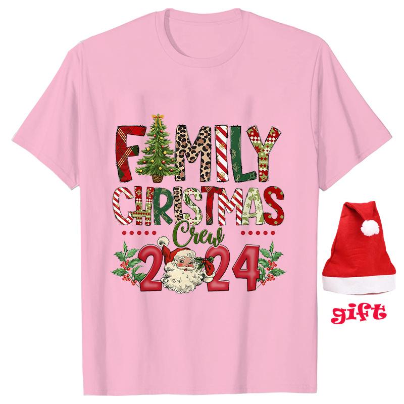 Merry Christmas Outfits Family Xmas Crew 2024 Print Matching Outfits Short Sleeve Family Tees Shirt with Christmas Hat Gift
