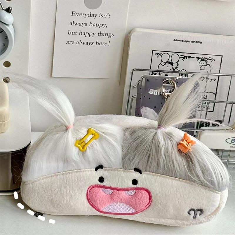 Diy Fluffy Hair Big Capacity Plush Pencil Bag Creative Cartoon Big Mouth Girl Pens Storage Case Portable School Stationery Gift