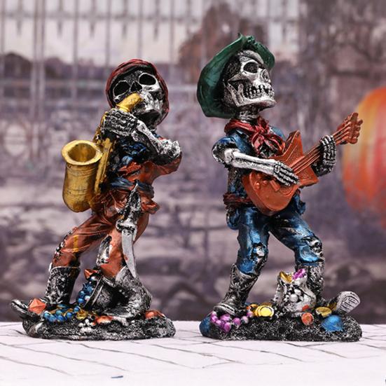 Rock Skeleton Figurine Skeleton Band Saxophonist Decoration Skeleton Guitarist Singer Statue Halloween Desktop Ornament for Mantel Shelf