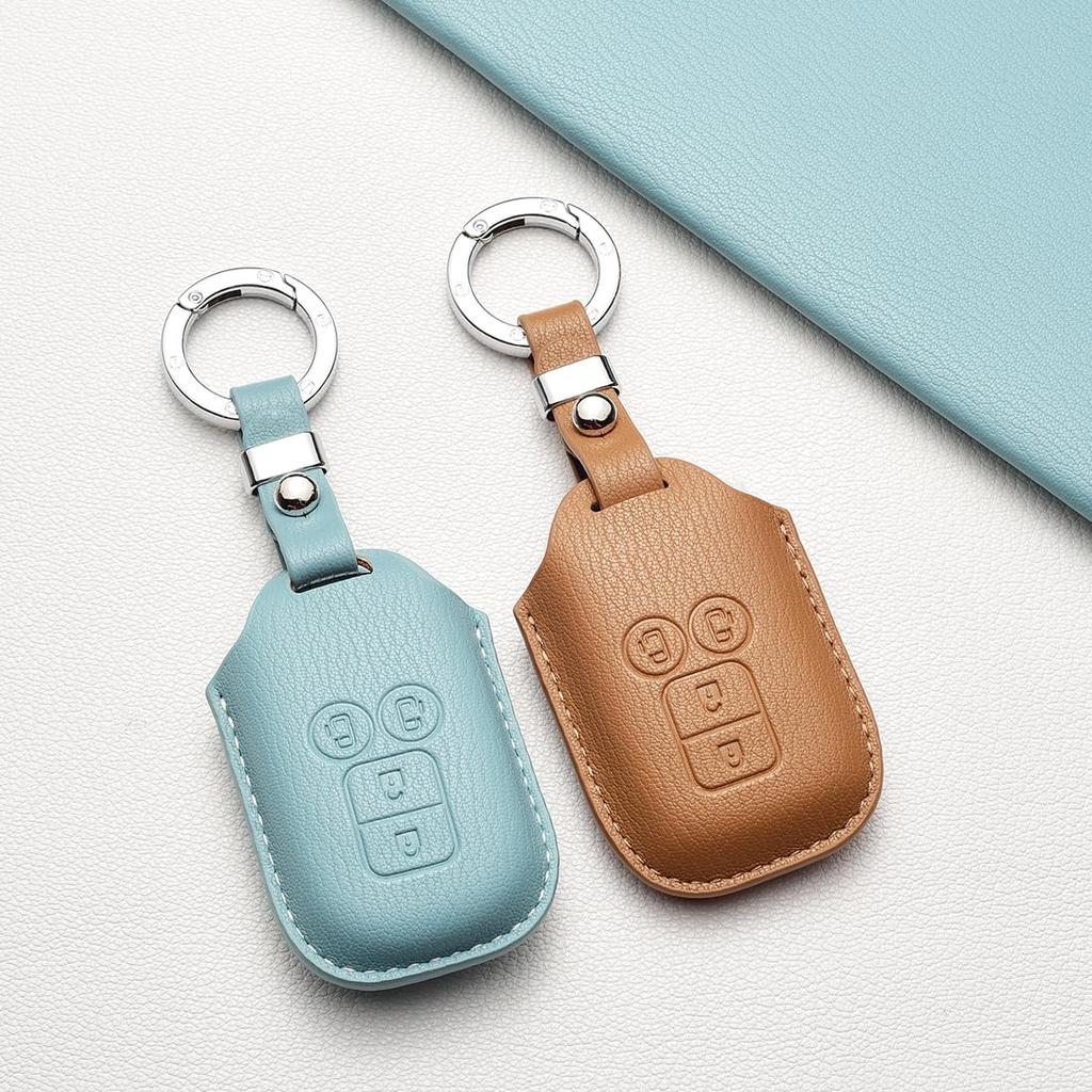 WiiLemz Key Case Compatible with Suzuki/suzuki New Spacia/Solio/Hustler/Jimney Luxury Leather Key Ring Key Cover 4 Buttons (Dark Brown)