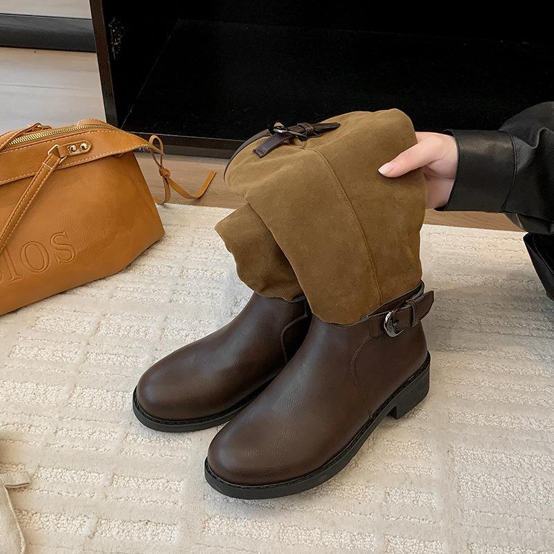 Cowhide Version~ Dong Jie's Same Splicing Pile Boots for Women's Autumn and Winter 2025 New Knight Boots Retro Wind Boots