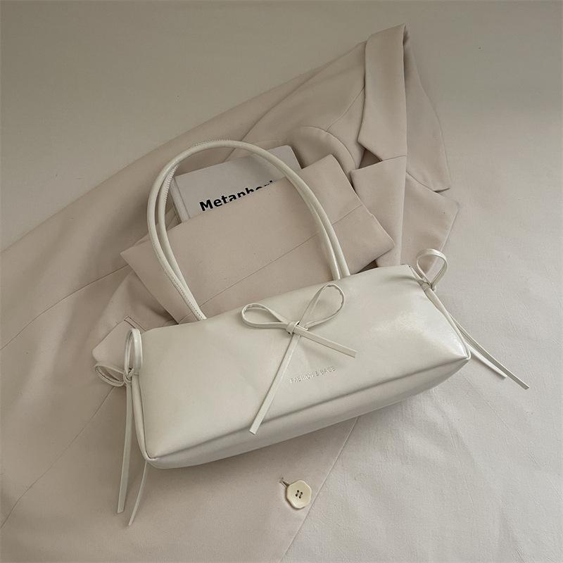 Solid Color Bow Pu Shoulder Underarm Bags for Women Travel Large Capacity Ladies Handbag Simple Portable Female Pillow Bag Tote