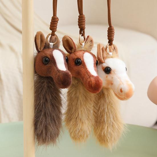 Horse Head Plush Keychain Realistic Equine Toy with Movable Tail Cute Pony Head Bag Charm for Animal Lovers