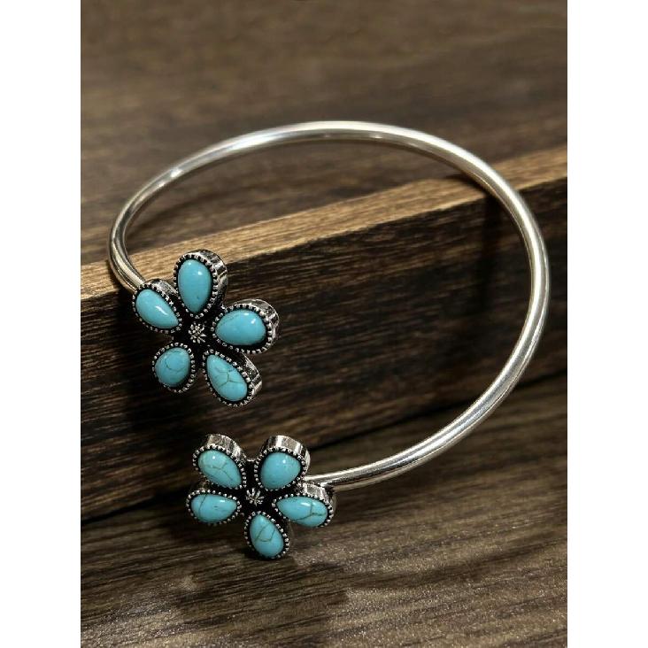 1pc Western Vintage Artificial Turquoise Flower Arm Cuff, Distressed Open Bangle Bracelet, Bohemian Arm Accessory