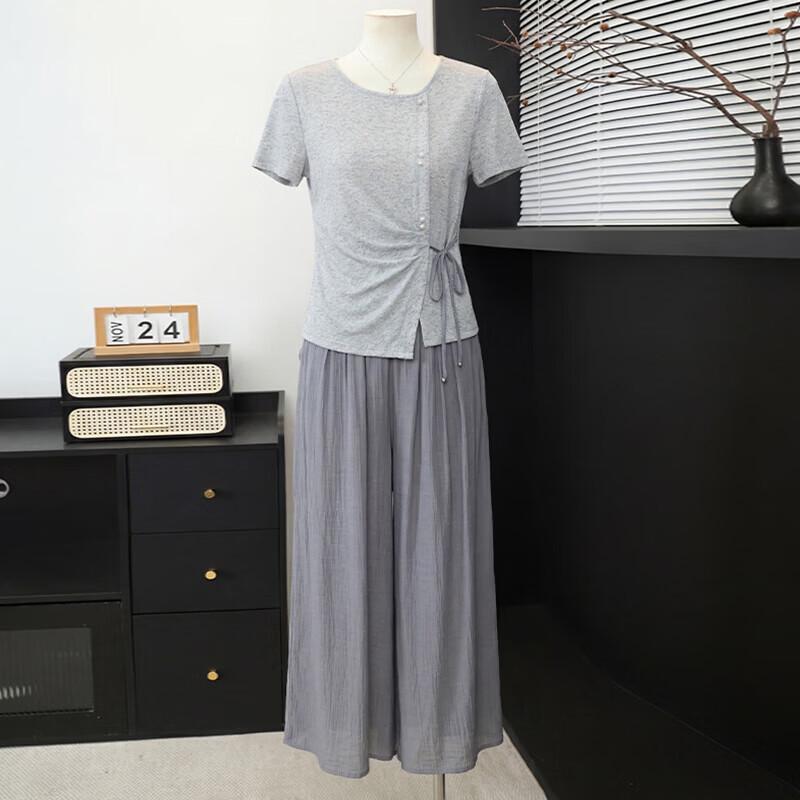 Xue Xi Women s Summer Elegant Ice Silk Top & Wide-Leg Pant Set XL