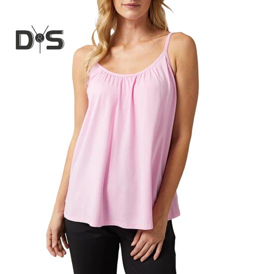 

Топ-майка для женщин, свободный топ-майка со встроенным бюстгальтером с подкладками, летний струящийся плиссированный топ на тонких бретельках для повседневной носки и занятий спортом M розовый