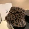Leopard Print Fisherman Hat For Women, Autumn And Winter Plush Thick Warm Basin Hat, Fashionable Ear Protection Bucket Hat
