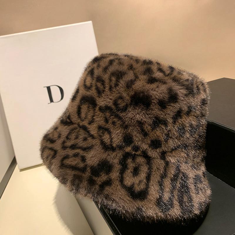 Leopard Print Fisherman Hat For Women, Autumn And Winter Plush Thick Warm Basin Hat, Fashionable Ear Protection Bucket Hat
