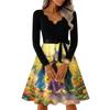 Women's Casual V-Neck Long Sleeve Vintage Halloween Print Dress
