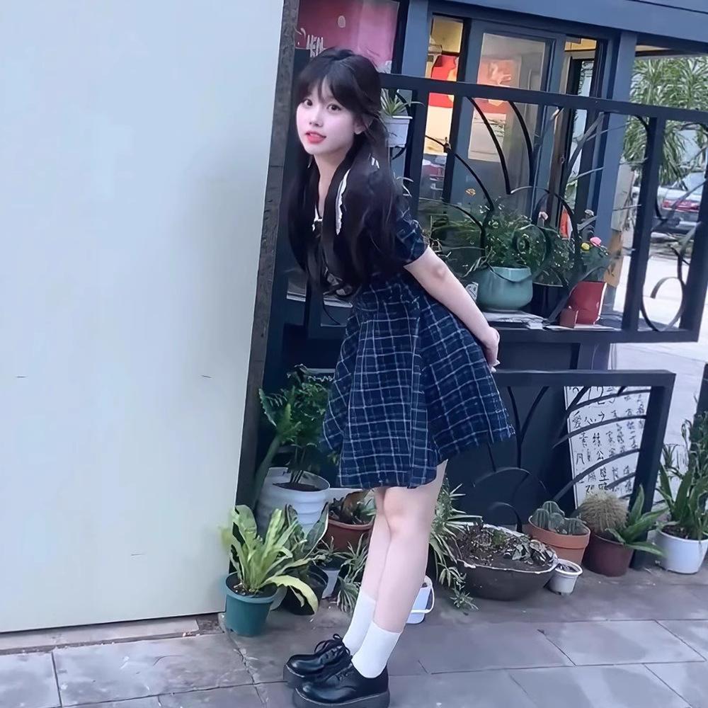 Small doll collar plaid dress girl sweet wind small skirt first love tie milk good princess wind doll skirt