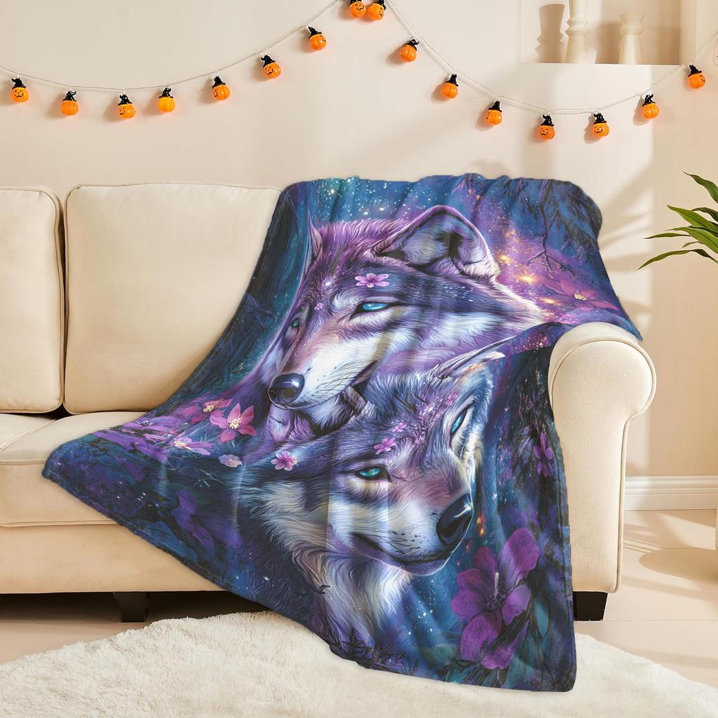 Two Wolves and Floral Patterns Flannel Printed Blanket Suitable for All Seasons Suitable for Living Room Office Sofa and Travel
