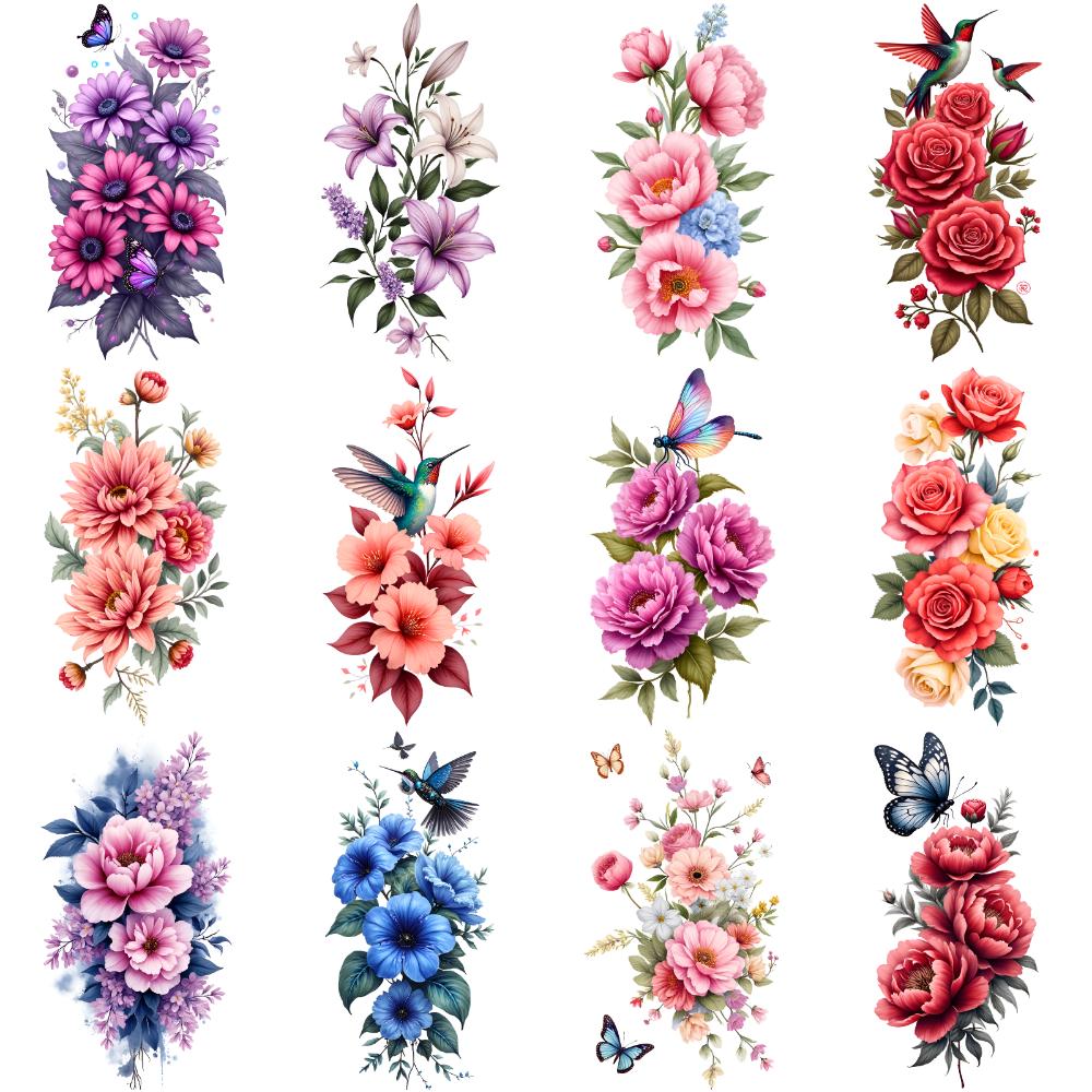 12pcs Temporary Tattoo Floral Tattoos Waterproof Long-lasting Body Stickers Hummingbird Tattoos Butterfly Tattoos For Thighs