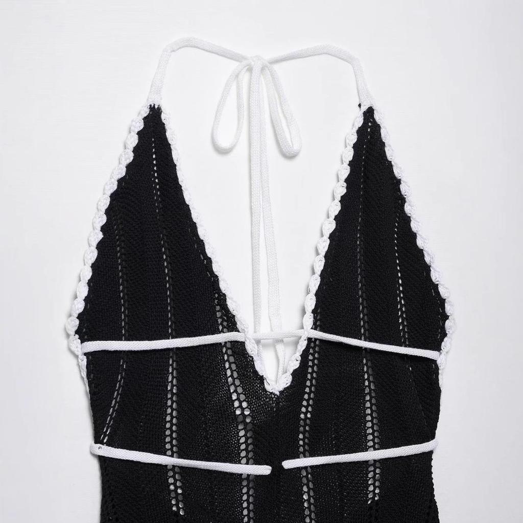 Rochie de primăvară 2025 pentru femei, stil european și american, bloc de culoare, decolteu adânc în V, fără spate, cu șireturi, semi-transparentă