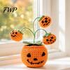 Handcrafted Autumn Tabletop Display Handmade Crochet Pumpkin, Halloween Pumpkin Ornament with Cute Ghost Bat Flexible Stem Plant Flowers, Planter for