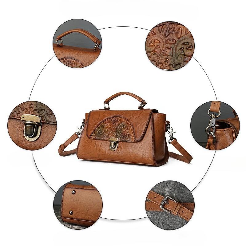 Genuine Leather Women's Bag, Retro Embossed Totem Crossbody Handbag, Color-rubbed Lock Buckle Small Square Bag