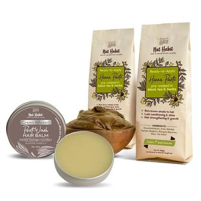 Nat Habit Hazır Uygulanabilir Kına Macunu ve Badem Saç Balsamı - Zengin Koyu Kahverengi Renk ve Saç Uzatma Desteği ile Saç Kremi İçin Mükemmel Seçim
