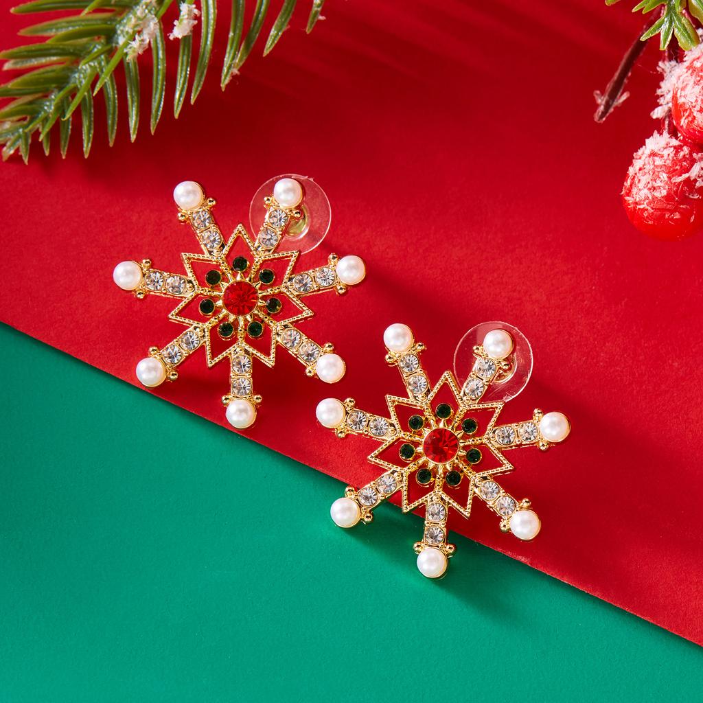 Modische Schneeflocken-Ohrringe mit Imitationsperlen für Damen, zarte, farbenfrohe Strass-Schneeflocken-Stecker, Weihnachts-Schmuckgeschenk