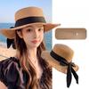 Women's Summer Wide Brim Straw Hat with Black Bowknot Frayed Edge UV Protection Beach Sun Hat Foldable Travel Cap