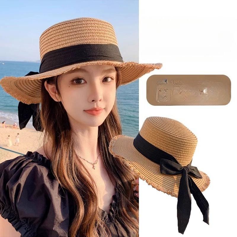 Women's Summer Wide Brim Straw Hat with Black Bowknot Frayed Edge UV Protection Beach Sun Hat Foldable Travel Cap